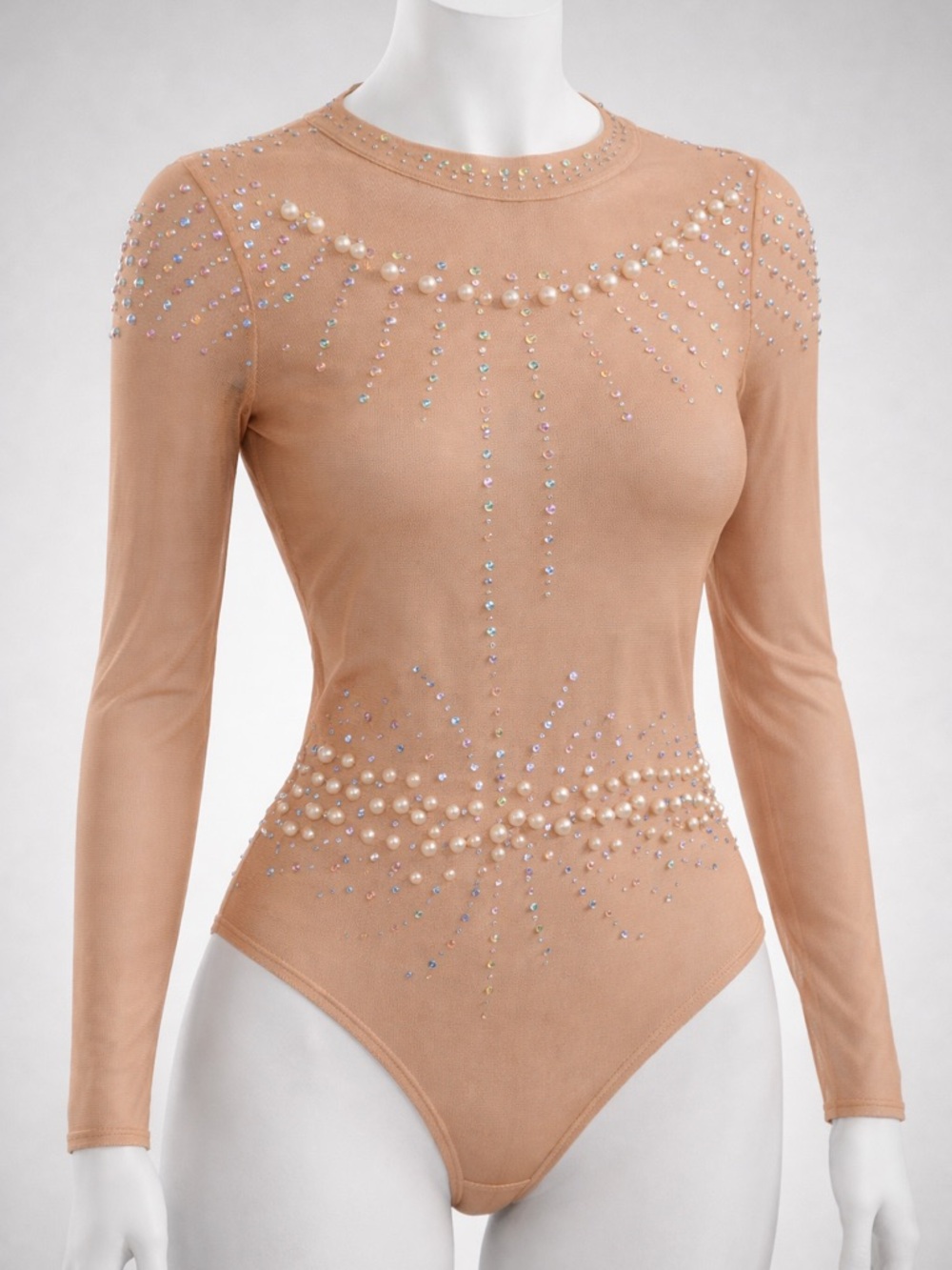 Pearl & Crystal Embellished Mesh Long-Sleeve Bodysuit in Nude